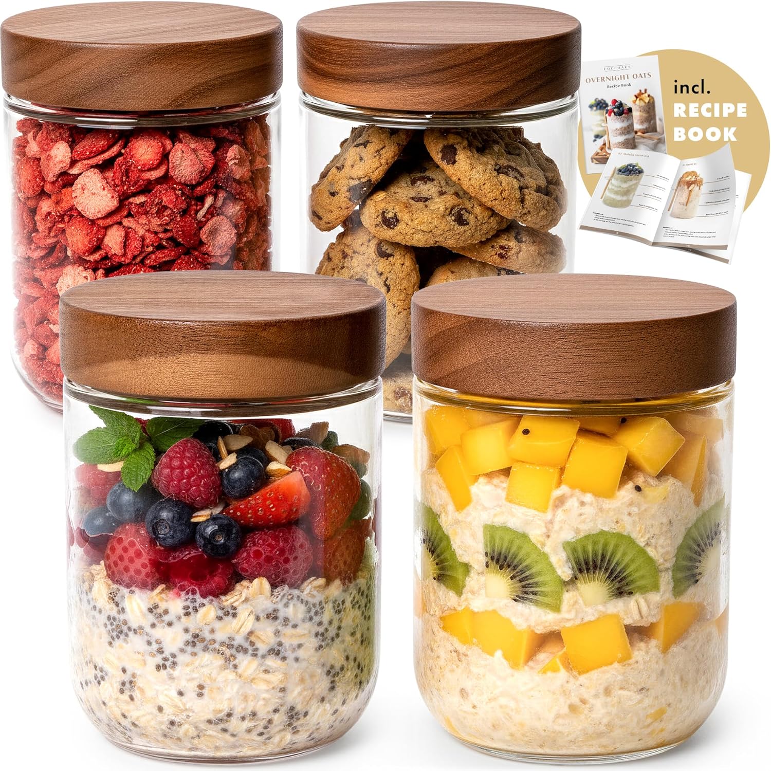 Food Storage Jar Glass - Overnight Oats Containers with Lids Acacia