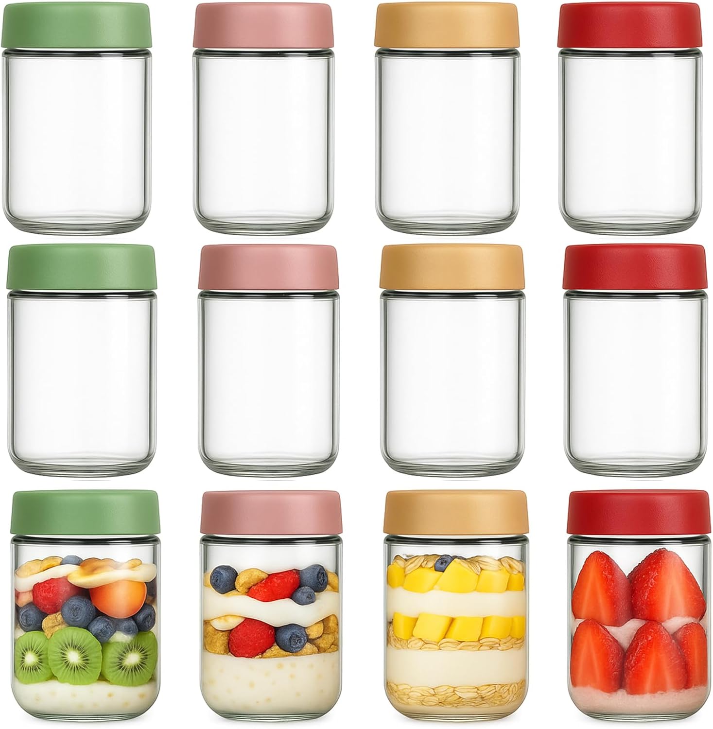 Food Storage Jar Glass - 12 Pack Overnight Oats Containers with