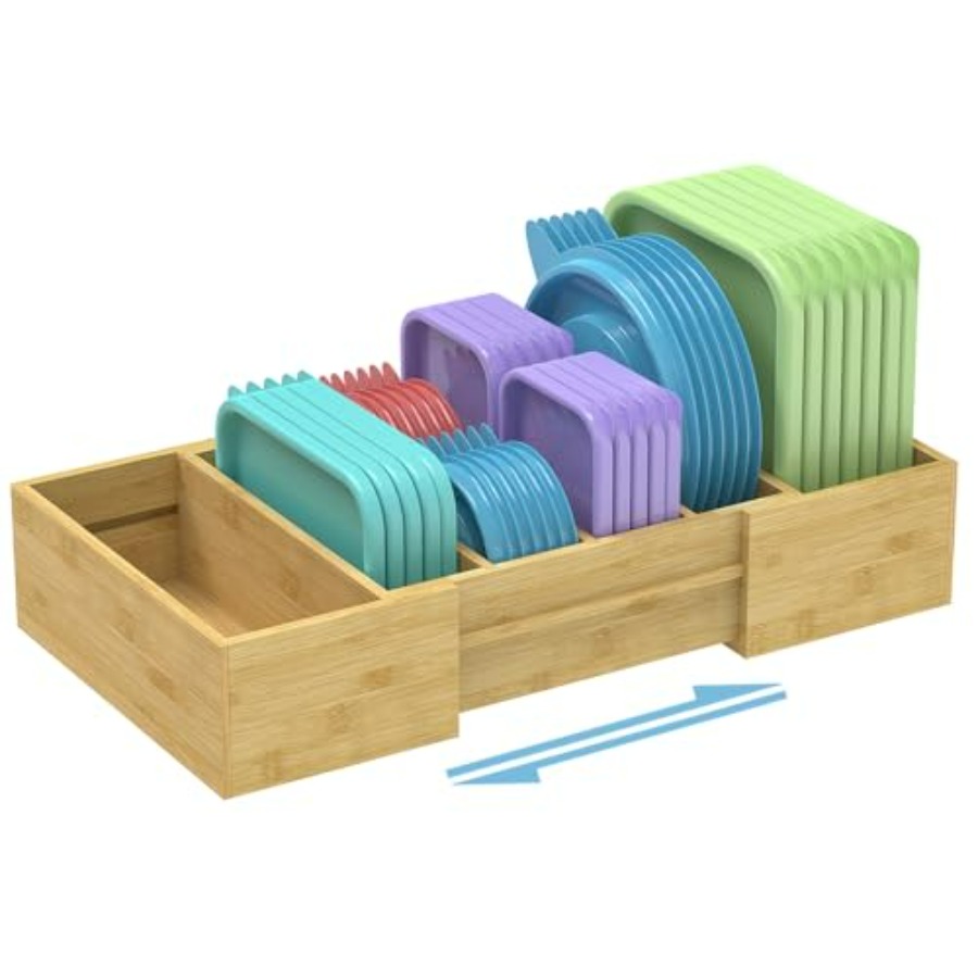 Food Storage And Organizer - Lid Organizer for Cabinet, Bamboo Expandable